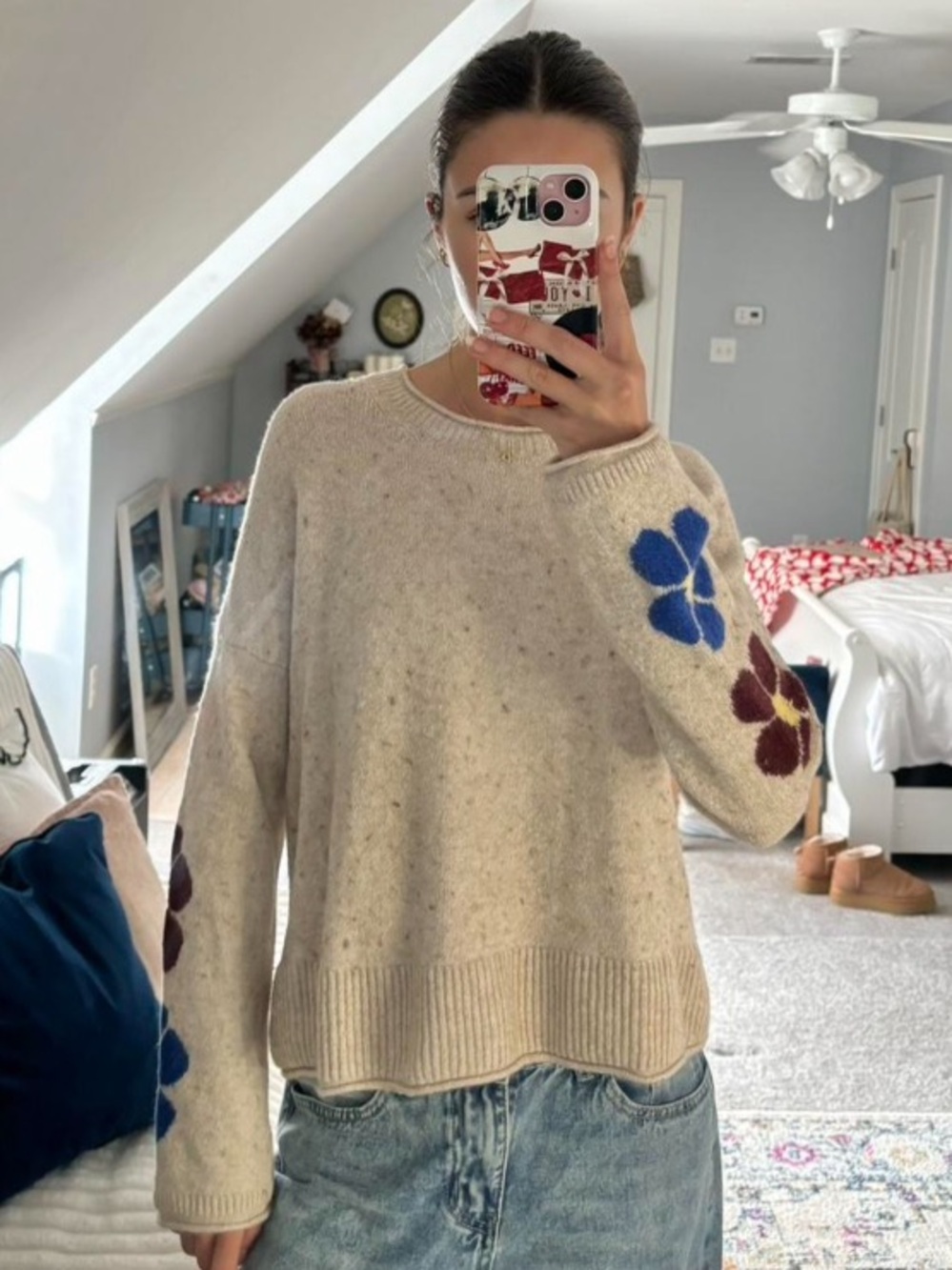 Madewell Cream Crewneck Sweater with Blue and Brown Floral Sleeves
